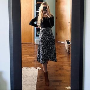 Black white floral slit a-line midi skirt